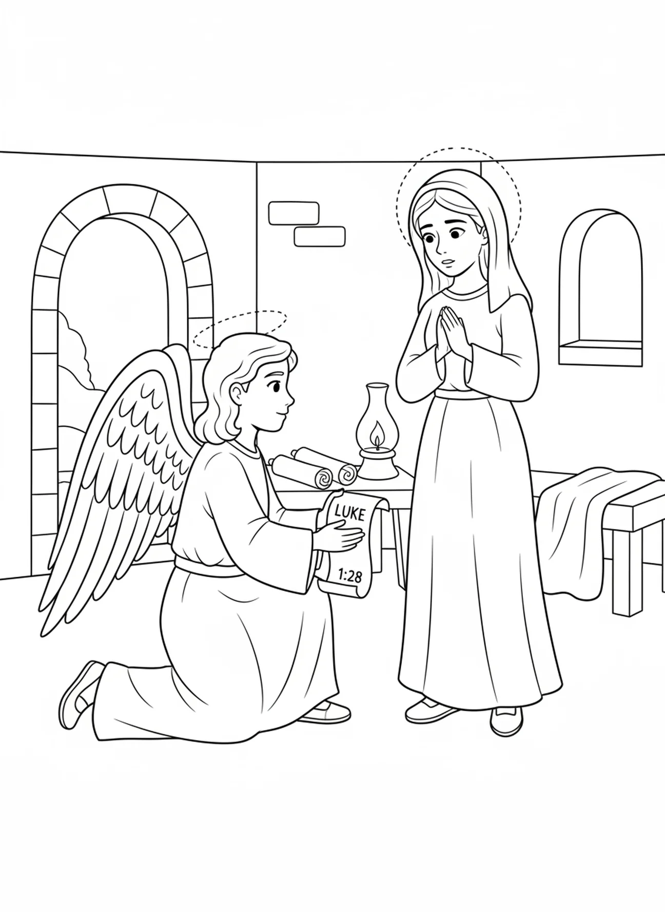 Marie écoutant l'ange, page à colorier de la Vierge Marie pour les enfants de l'École du dimanche âgés de 5 à 12 ans.