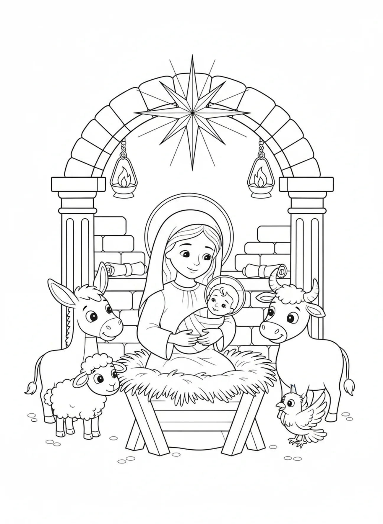 Marie tenant l'enfant Jésus dans la crèche, page à colorier de la Vierge Marie pour les enfants de l'École du dimanche âgés de 5 à 12 ans.