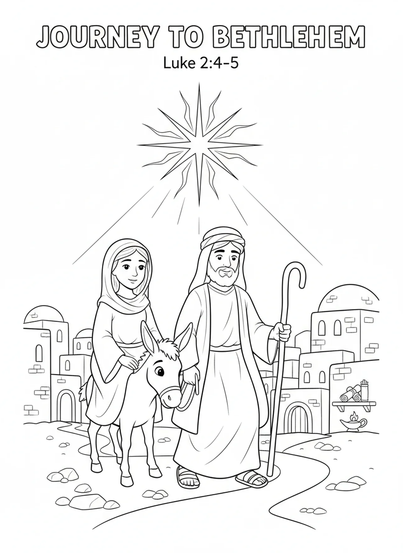 Marie et Joseph voyageant vers Bethléem, page à colorier de la Vierge Marie pour les enfants de l'École du dimanche âgés de 5 à 12 ans.