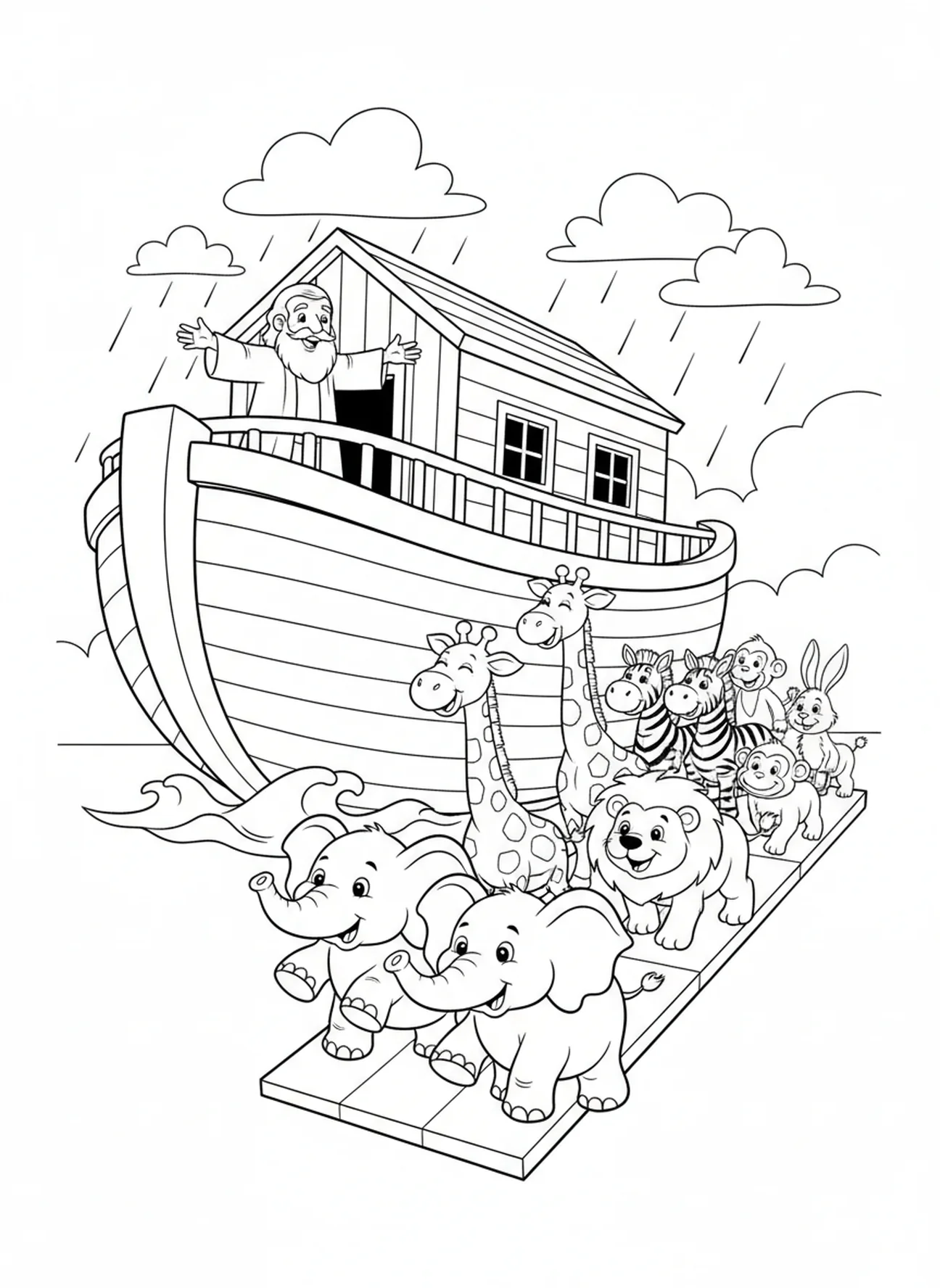 Paare von Cartoon-Tieren, die die Arche betreten, Ausmalbild mit Kirchenfenster für Kinder im Alter von 5-10 Jahren
