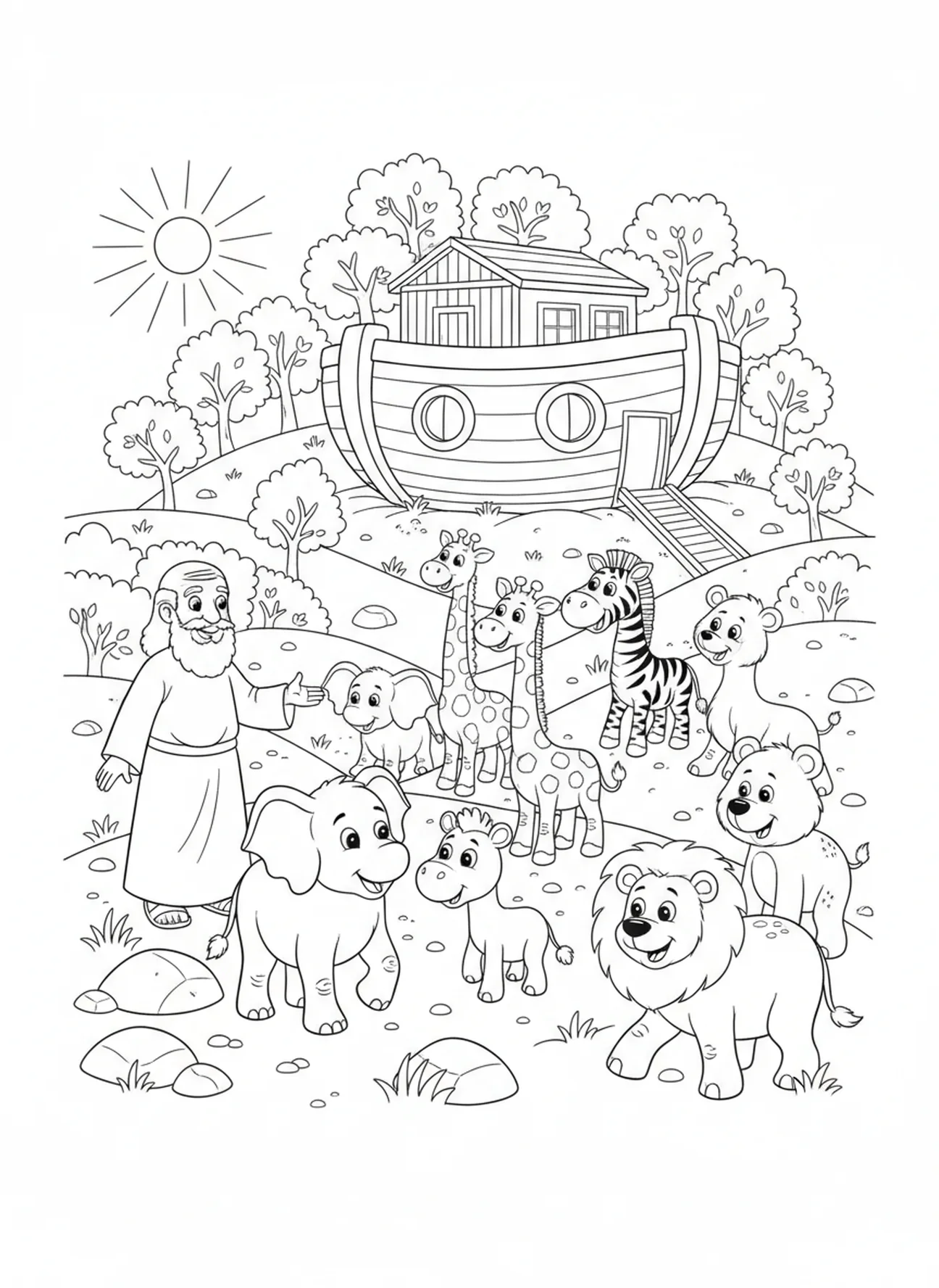 Tiere erkunden das Land in der Nähe der Arche, Ausmalbild mit Kirchenfenster für Kinder im Alter von 5-10 Jahren