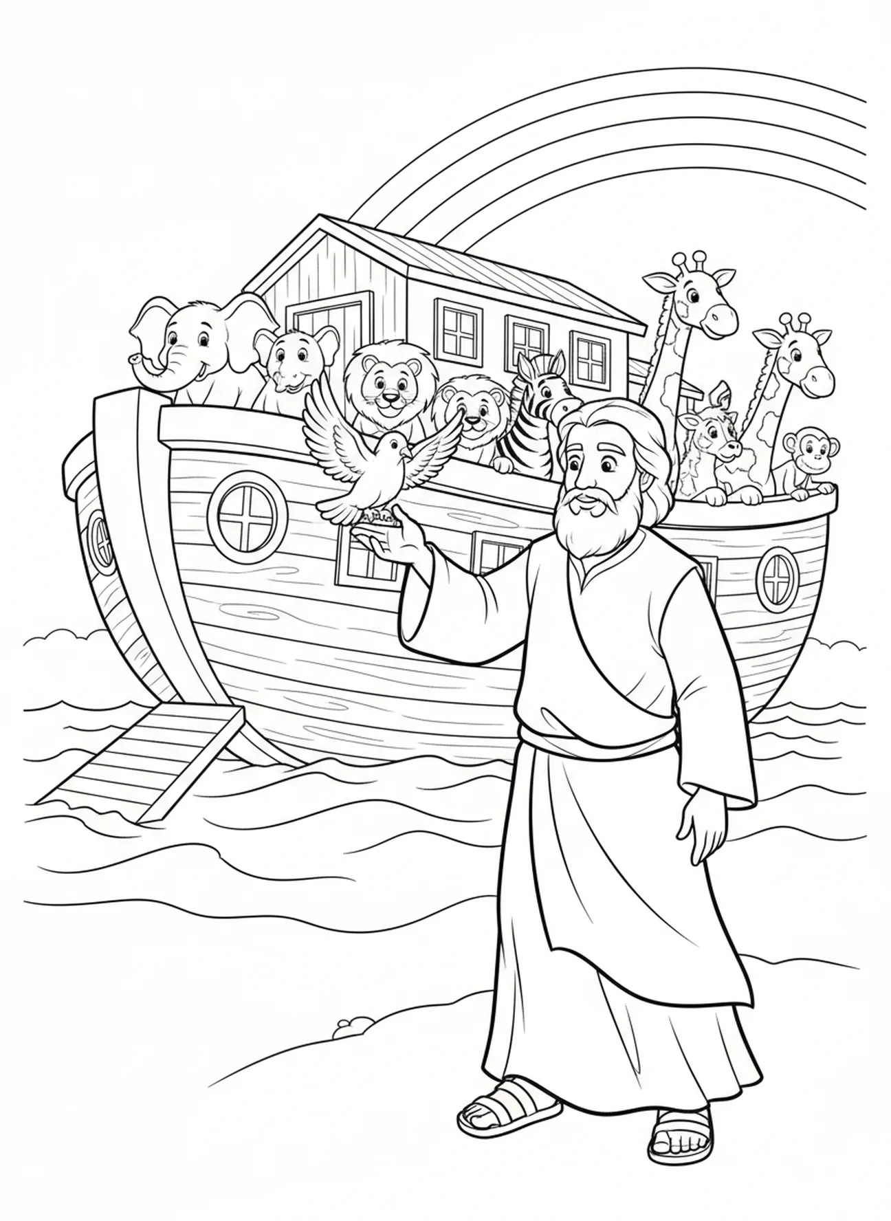 Noah, der eine Taube aus seiner Hand entlässt, Ausmalbild für Kinder im Alter von 5-10 Jahren