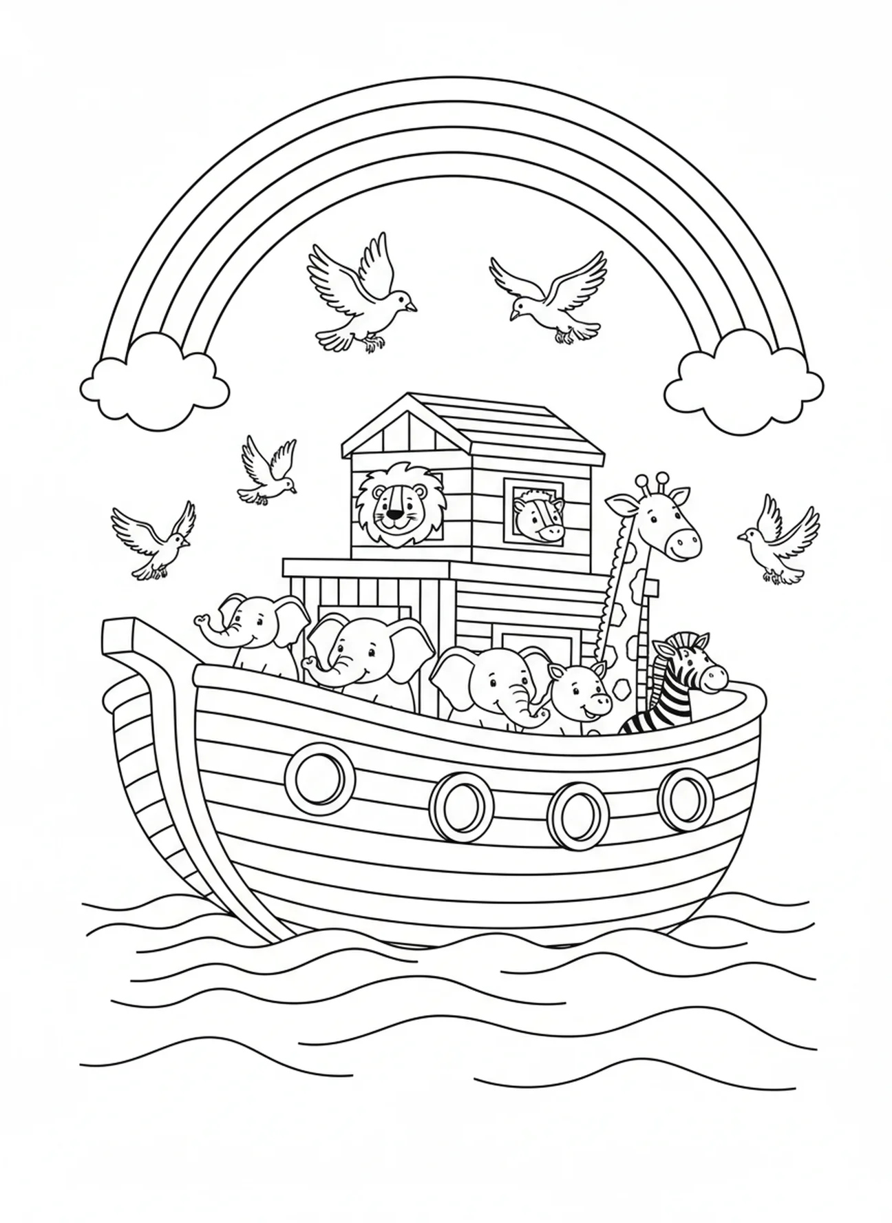 Regenbogen über der Arche, Ausmalbild für Kinder im Alter von 5-10 Jahren