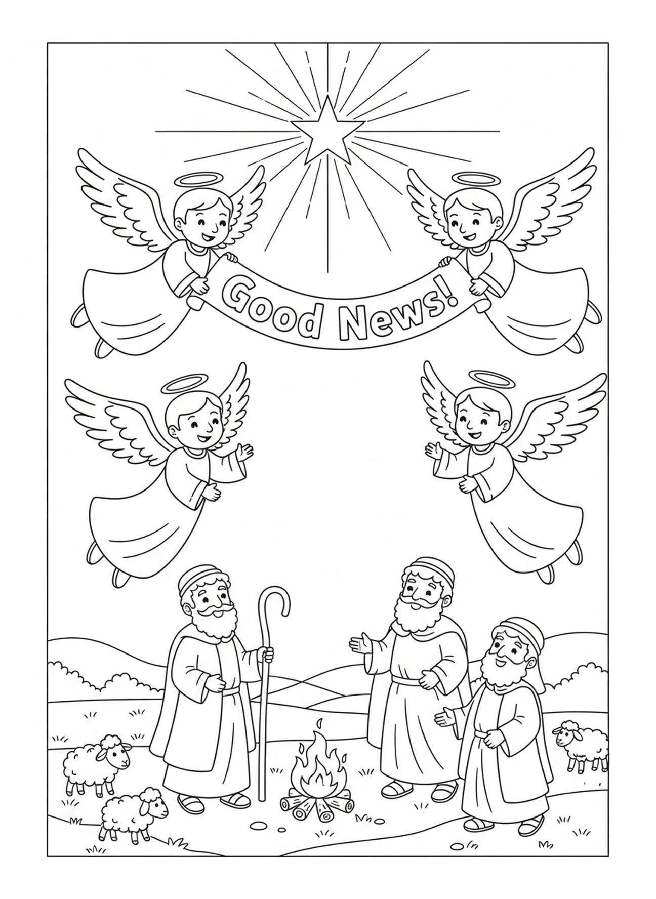 Engel verkünden die Botschaft, Ausmalbild des Sterns von Bethlehem für Kinder im Alter von 5-10 Jahren