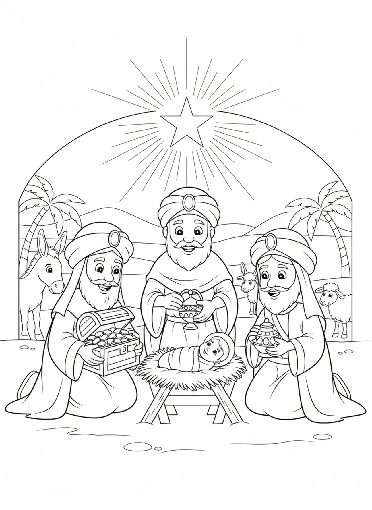 Weise Männer bringen Geschenke, Stern von Bethlehem Ausmalbild für Kinder im Alter von 5-10 Jahren