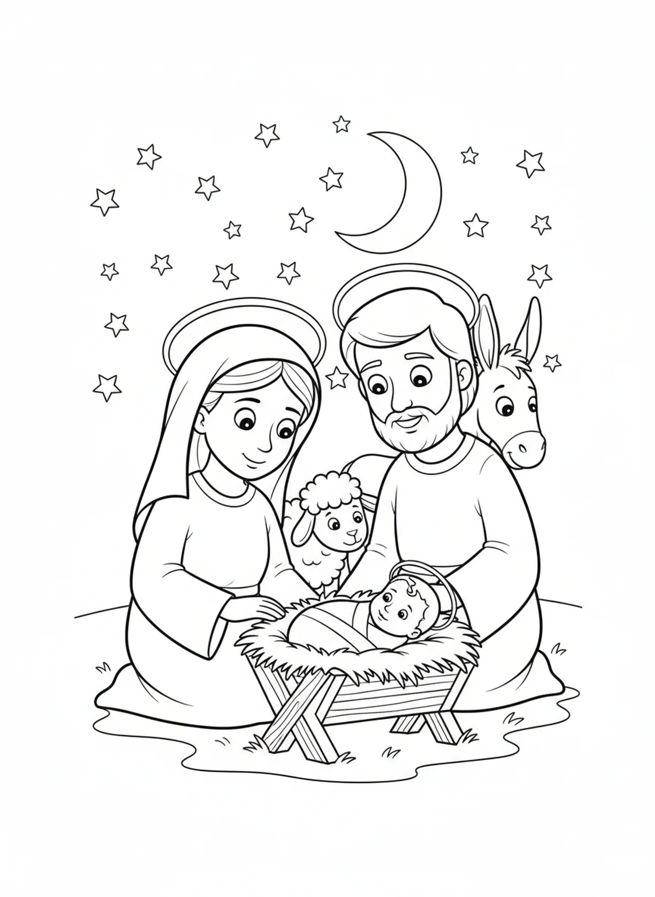 Krippe mit dem Baby Jesus, Stern von Bethlehem Ausmalbild für Kinder im Alter von 5-10 Jahren