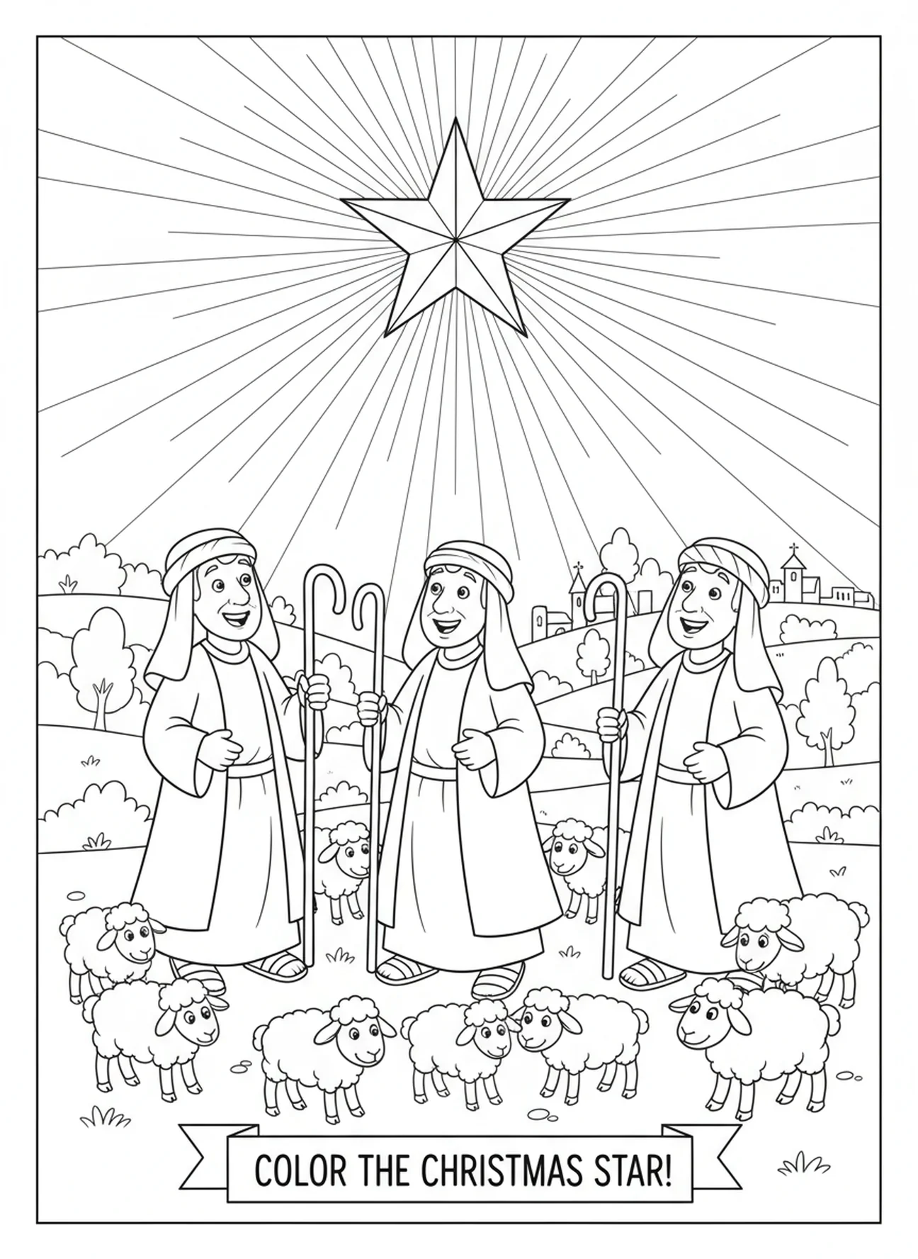 Hirten mit Schafen, Ausmalbild vom Stern von Bethlehem für Kinder im Alter von 5-10 Jahren