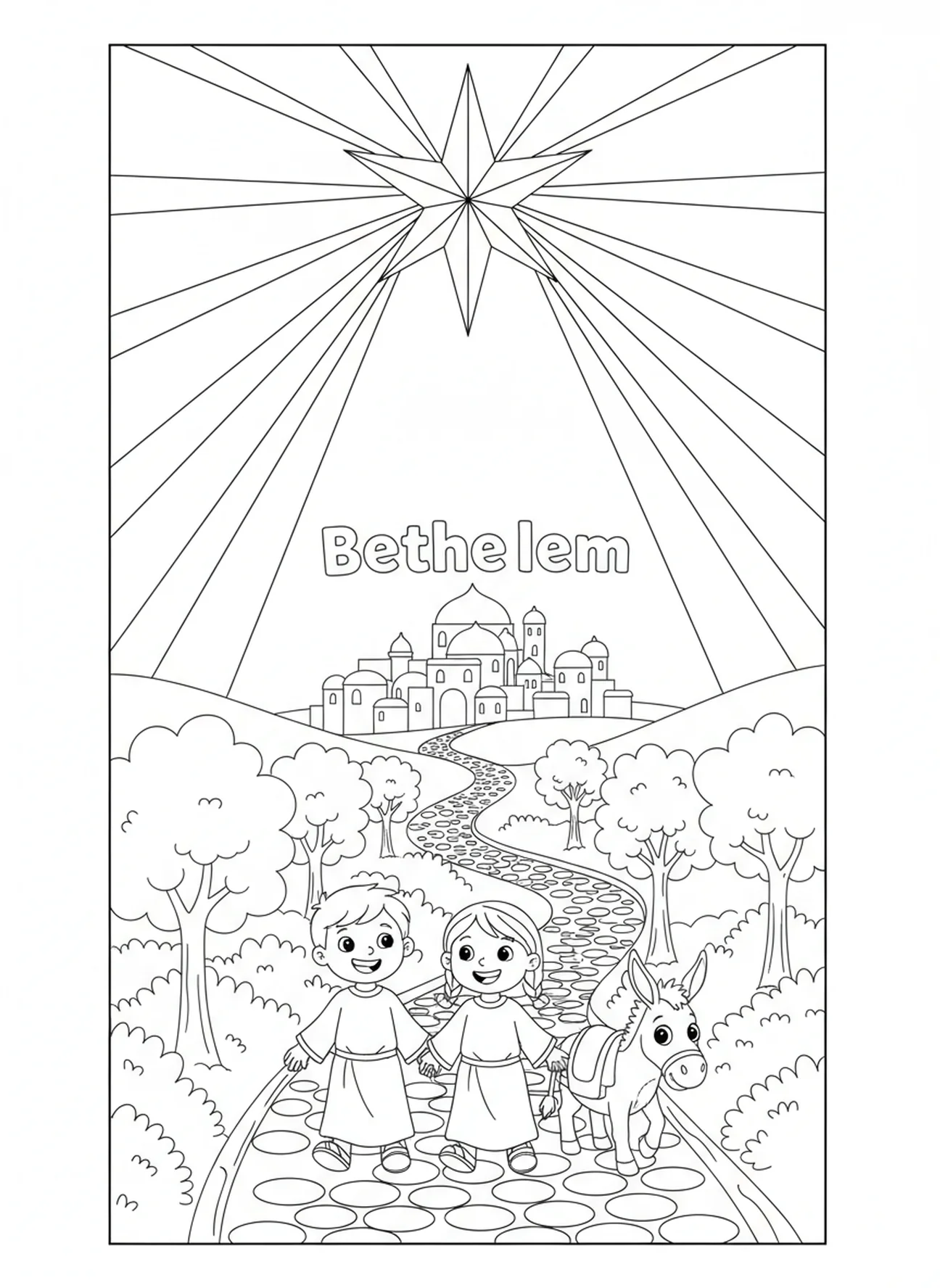 Leitender Stern über dem Weg, Ausmalbild vom Stern von Bethlehem für Kinder im Alter von 5-10 Jahren