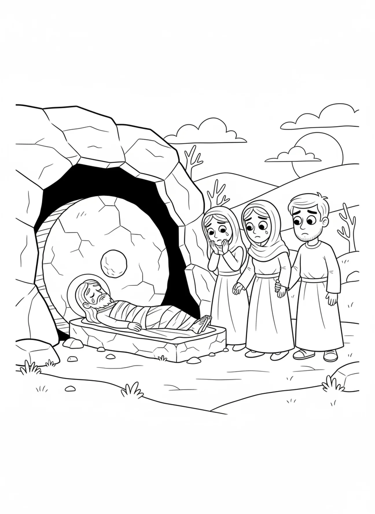 Jesus im Grab, Ausmalbild der Kreuzwegstationen für Kinder im Alter von 5-10 Jahren.
