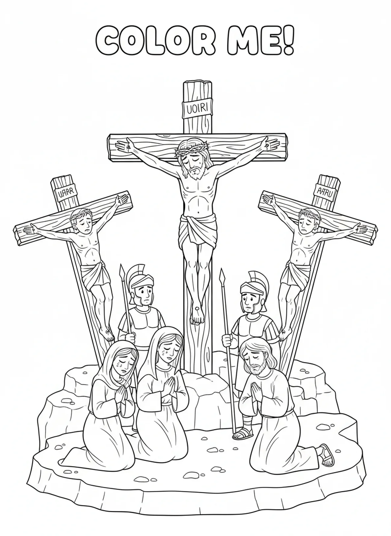 Jesus am Kreuz, Ausmalbild der Kreuzwegstationen für Kinder im Alter von 5-10 Jahren.