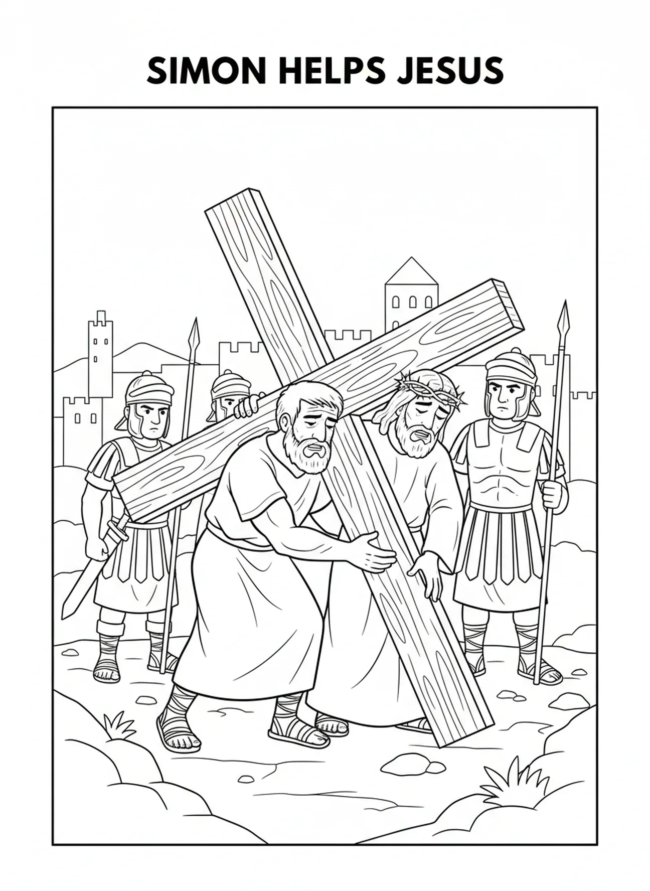 Simon hilft Jesus, Ausmalbild der Kreuzwegstationen für Kinder im Alter von 5-10 Jahren.