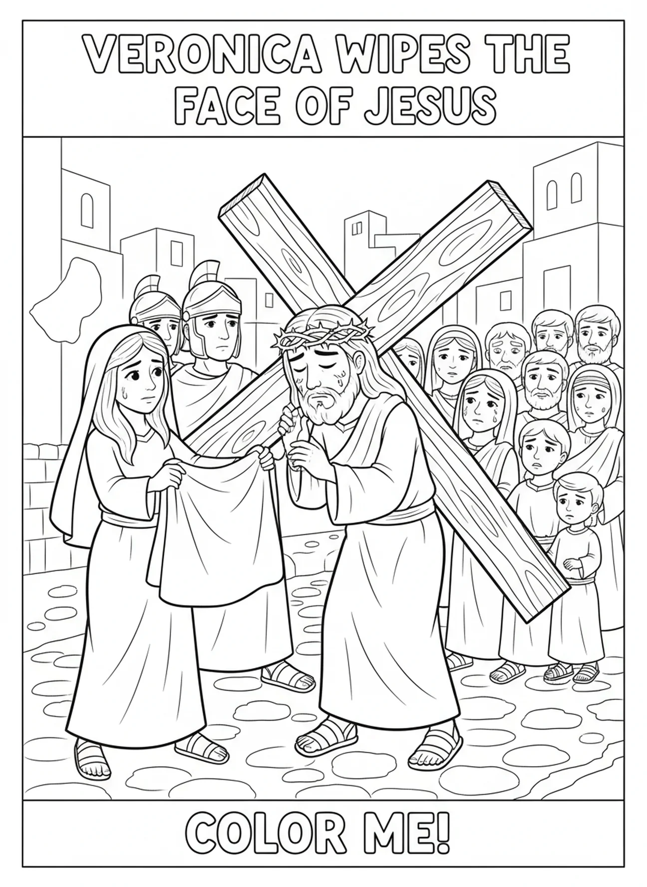 Veronika wischt Jesus' Gesicht ab, Ausmalbild der Kreuzwegstationen für Kinder im Alter von 5-10 Jahren.