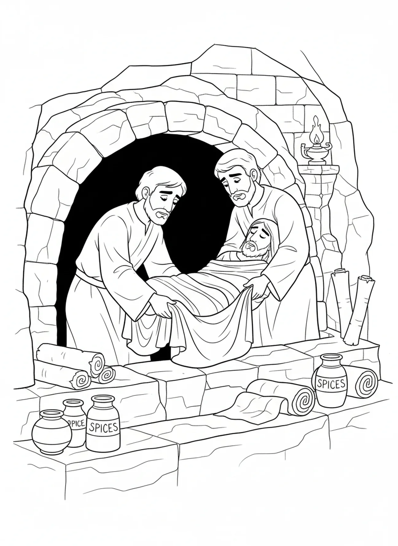Jesus wird in das Grab gelegt, Ausmalbild der Kreuzwegstationen für Kinder der Sonntagsschule im Alter von 5-12 Jahren