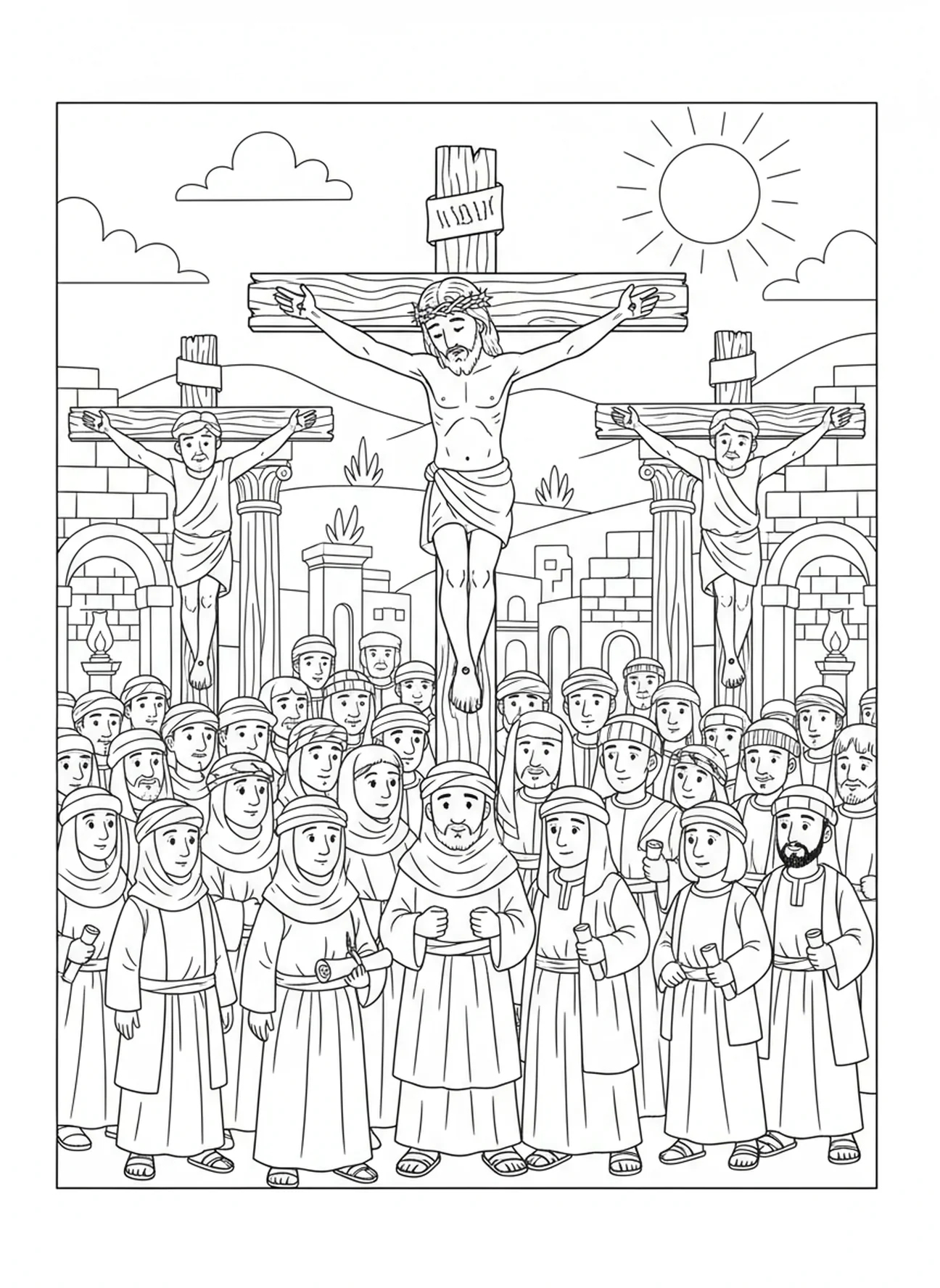 Jesus am Kreuz, Ausmalbild der Kreuzwegstationen für Kinder in der Sonntagsschule im Alter von 5-12 Jahren