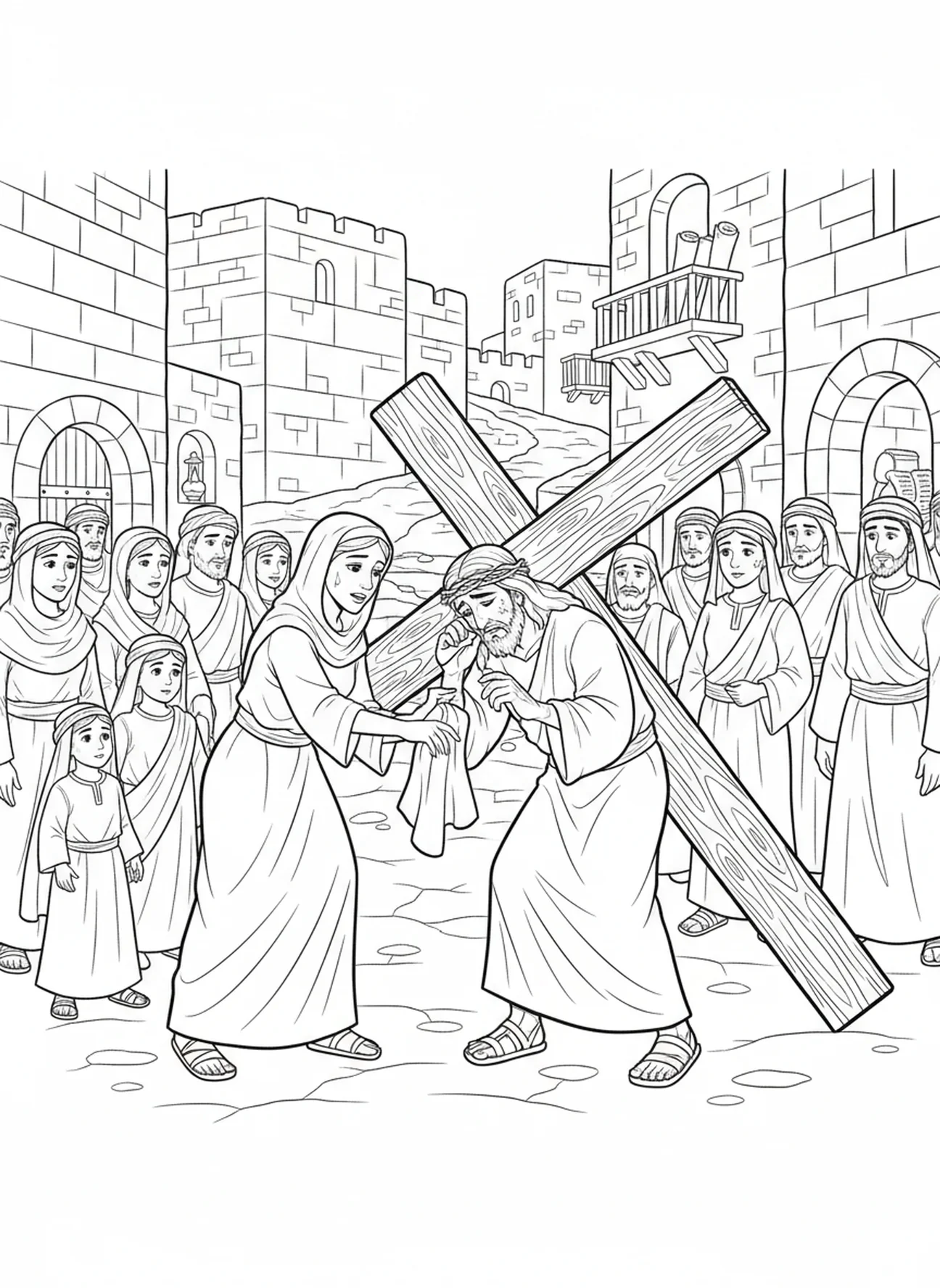 Veronica, die Jesus' Gesicht abwischt, Ausmalbild für die Sonntagsschule für Kinder im Alter von 5-12 Jahren