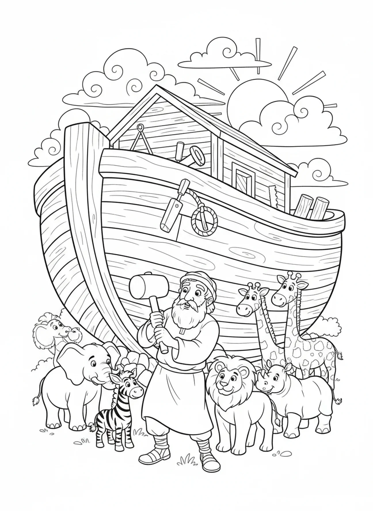 Noach bouwt de Ark, dankdag kleurplaat voor kinderen van 5-10 jaar.