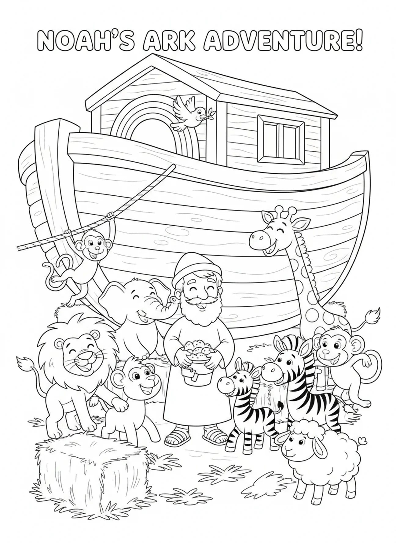 Noah feeding animals in the ark, Vbs Craft coloring page for kids age 5-10