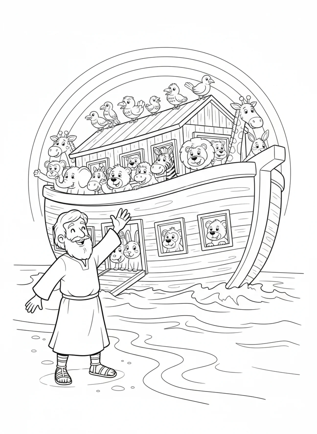 Noah waving goodbye to animals, Vbs Craft coloring page for kids age 5-10