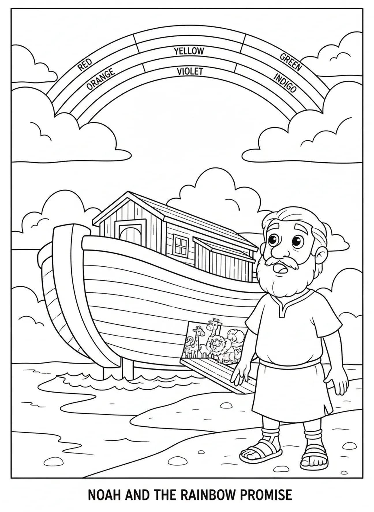 Noah admiring a rainbow, Vbs Craft coloring page for kids age 5-10